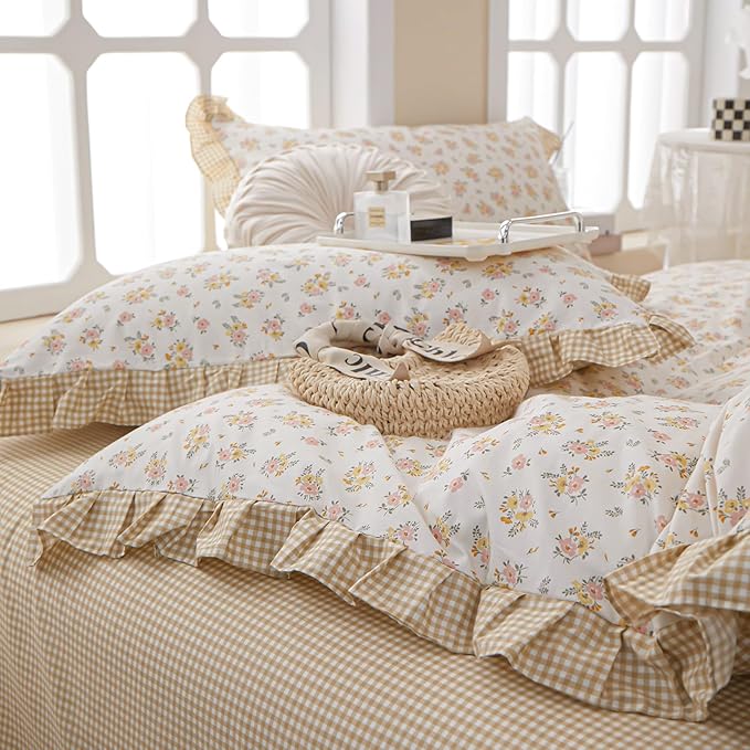 EAVD Vintage Style Botanical Floral Duvet Cover Queen White Soft 100% Cotton Garden Yellow Pink Floral Bedding Set with 2 Pillowcases Chic Shabby Floral Ruffle Duvet Cover with Zipper Closure