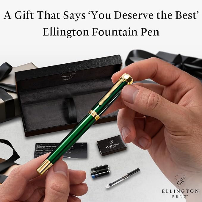 Ellington Pens Luxury Fountain Pen Set - Smooth Fine Nib - Includes 3 Ink Cartridges, Refillable Ink Converter, Box - Fountain Pens For Writing, Calligraphy, Journaling, Sketching (Emerald Enigma)