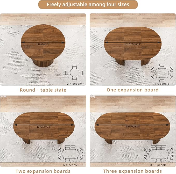43-95 inch Long Round Extendable Dining Table for 4-10, Space Saving Oval Large Dinner Kitchen Table with 3 Leaf, 2 Storage, Fluted Mid Century Modern Dining Room Table for Living Room, Brown