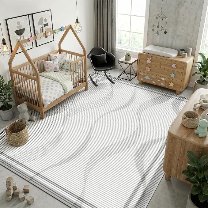 Merelax 5x8 Area Rug for Bedroom - Washable Non-Slip Large Area Rug, Indoor Floor Carpet Low Pile Soft Farmhouse Rug for Dining Room, Mudroom, Modern Aesthetic Abstract Geometric Decor, Grey