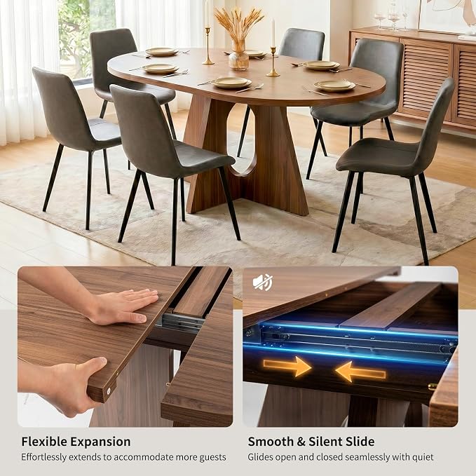 HIPIHOM Modern Round Expandable Dining Table Set for 6, 43.3"-59" Walnut Kitchen Table with 6 PU Leather Chairs, 7-Piece Mid-Century Dining Room Set