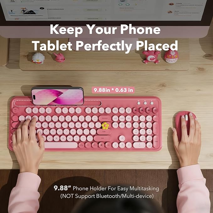 Wireless Keyboard and Mouse Combo with Phone/Tablet Holder, Cute Full-Size Typewriter-Style Keyboard, Retro Round Keycaps, 3-Level DPI Mouse, 2.4GHz Cordless Connection for Windows/PC/Laptop (Pink)