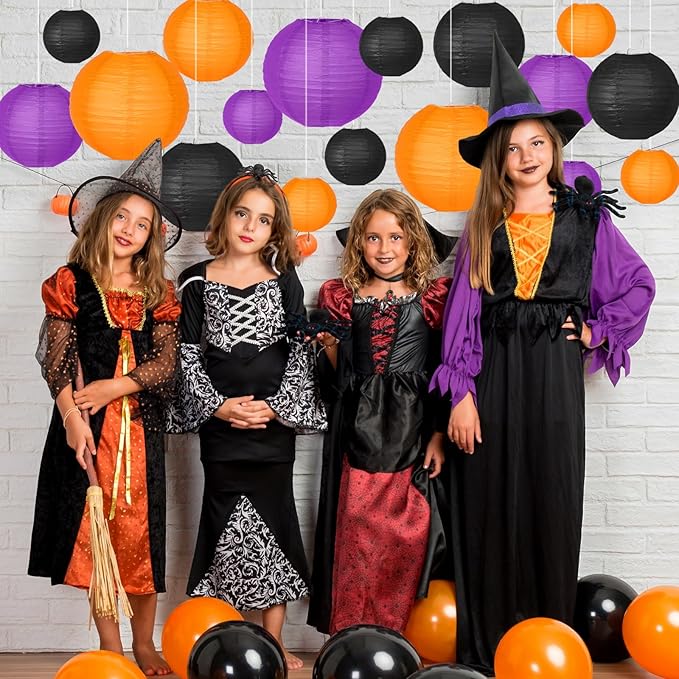Halloween Party Decorations, Orange Black Purple Hanging Paper Lanterns for Halloween Ceiling, Horror Party Birthday Wedding Yard Garden Decor Indoor Outdoor，15pcs