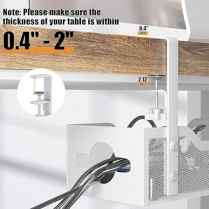 Under Desk Cable Management Tray 24.8", Quszmd Cable Organizer No Drill, Standing Cord Organizer and Wire Management Tray - No Damage to Desk, White