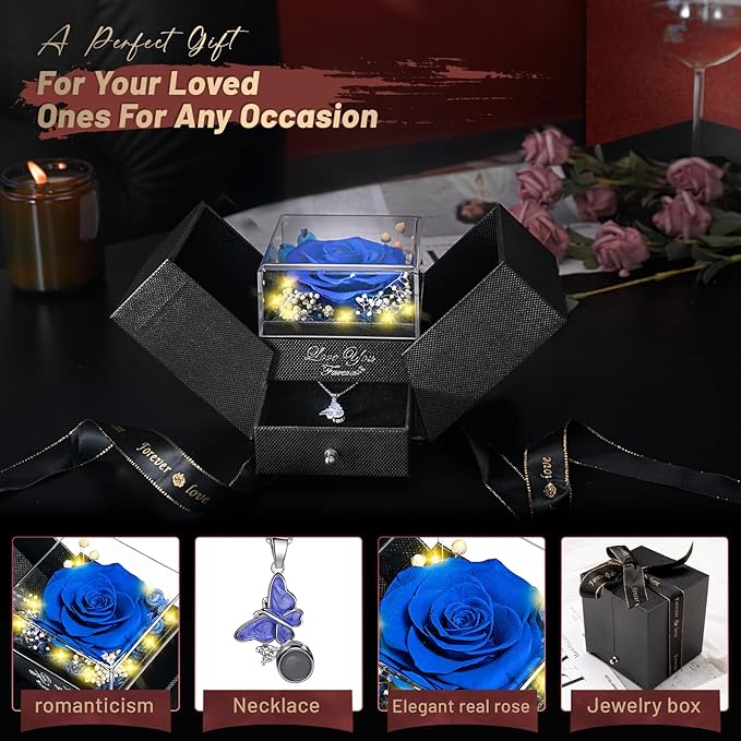 DRTINA Preserved Blue Real Rose with I Love You Butterfly Necklace-Eternal Flowers Rose Birthday Gifts for Women Wife Mom Girlfriend Grandma on Mothers Day Valentines Anniversary Christmas Romantic