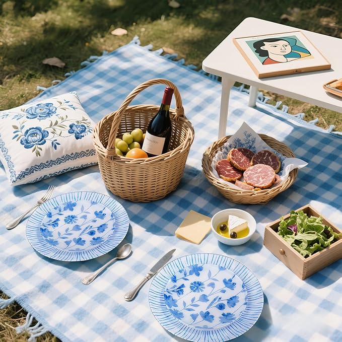 U-QE 50Pcs Blue Plastic Plates - Botanical Stripes Plates Disposable Heavy Duty, Fancy Floral Pattern Perfect for Weddings, Tea Parties, Holidays - 10.25" Dinner & 7.5" Dessert Plastic Plate