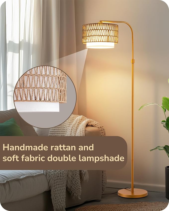 EDISHINE Rattan Floor Lamp for Living Room with Remote & Dimmable LED Bulb,63'' Mid Century Rattan Fabric Shade Standing Lamp with 5 Color Temperature, Farmhouse Boho Standing Lamp for Bedroom Office
