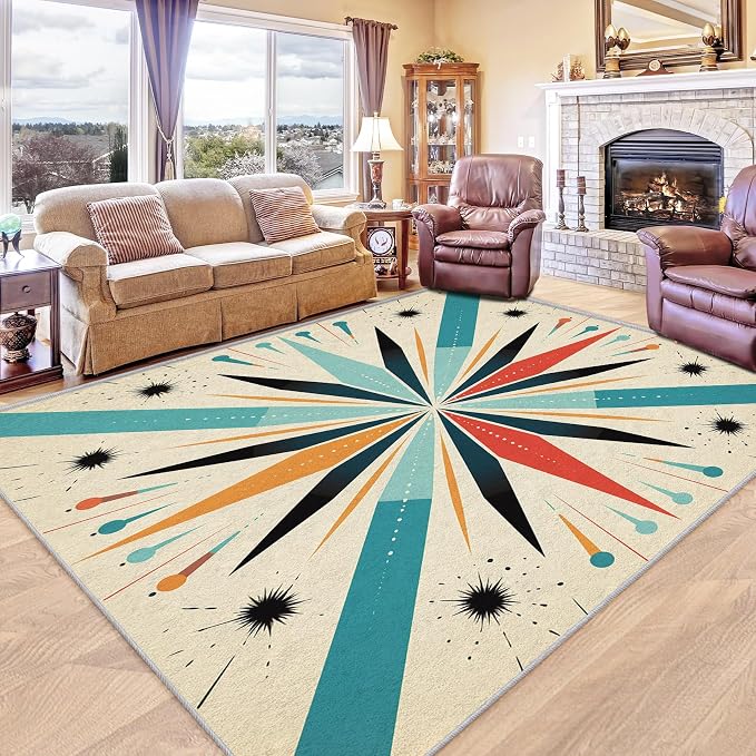 Mid Century Modern Rug 7x8, Washable Retro Sun Rugs for Living Room Bedroom, Atomic Geometric Area Rug for Home Decor, Non Slip Backing Floor Carpet with Gripper - 7 x 8 ft