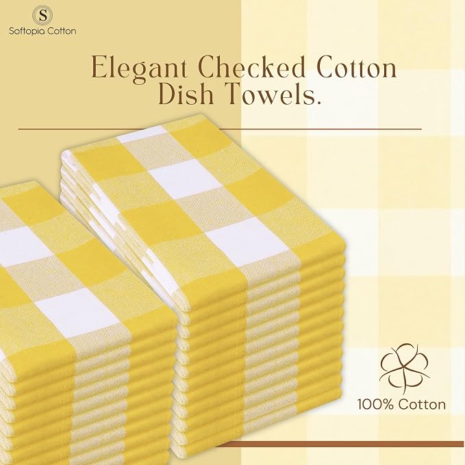 Buffalo Check Kitchen Towels, 16x26 Inches, 4 Pack Plaid Tea Towels, Reusable Cotton Dish Cloths, Quick Drying, Absorbent Towel for Cooking, Drying Dishes, Lemon Yellow and White