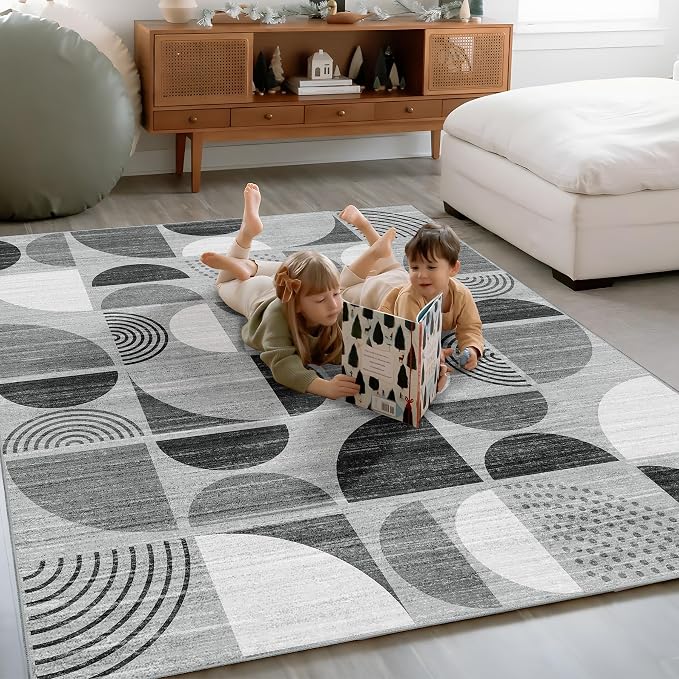 MUJOO Washable Rug Black,4x6.5 Area Rugs for Bedroom Entryway Living Room Bedside,Small Boho Throw Floor Carpet Non Slip Soft Indoor Modern Abstract Black and Grey