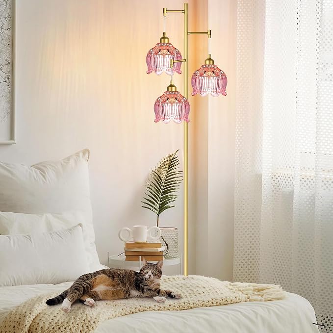 ILLMTW Glass Floor Lamp for Living Room,Bedroom,Gold Flower Mid Century Modern Standing Lamp Brass Tree 3 Light Tall Floor Lamps Vintage Floor Lights Pink Lamp Shade Farmhouse Boho Bohemian