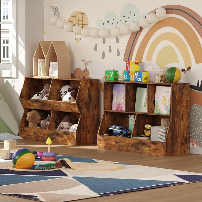 DINZI LVJ Kids Bookshelf, Toy Storage Organizer, Wooden Toy Storage Cabinet, 4 Cubby Children Bookcase, 43.3" L Toddler Book Shelf for Bedroom, Nursery, Hallway, School, Rustic Brown