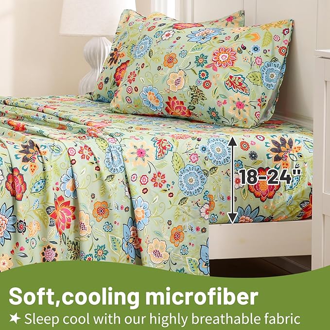 Bedlifes Queen Size Extra Deep Pocket Sheet Sets - Fits Mattresses Up to 18-24" Thick, 4-Piece Microfiber Set with 1800 Thread Count, Soft, Smooth, Breathable, Featuring Floral Sage Green