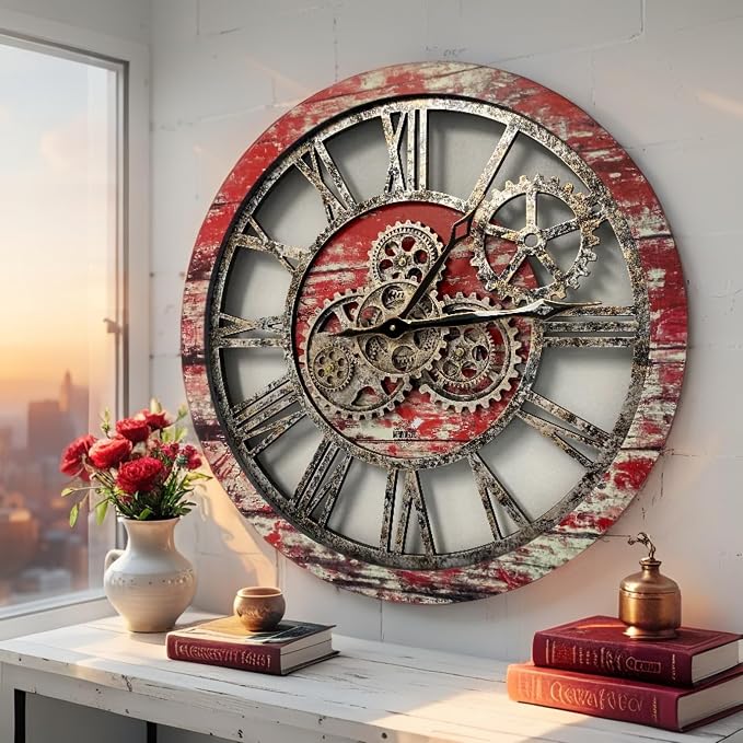 ImprovingLife The Gears Clock The Original Real Moving Gear Wall Clock Vintage Industrial Oversized Rustic Farmhouse (24 inch (60cm),Red Lava)