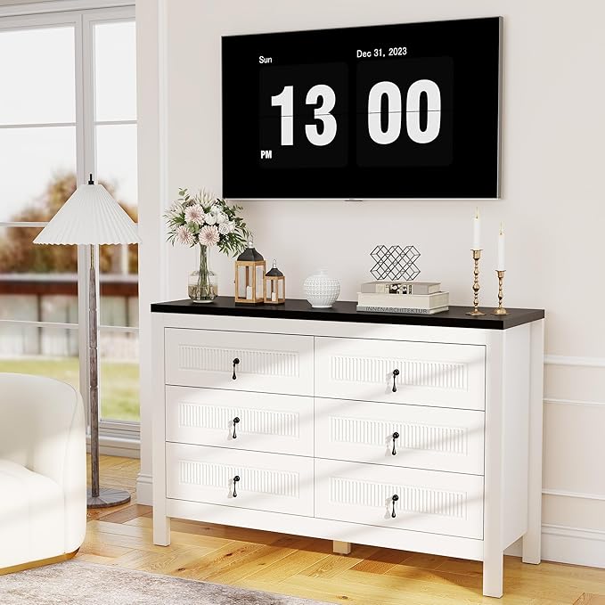 White Dresser for Bedroom Modern: 47" Fluted 6 Drawer Dresser for Closet, Wide Wooden Bedroom Chest of Drawers, Deep Wood Dressers & Chests of Drawers(White)