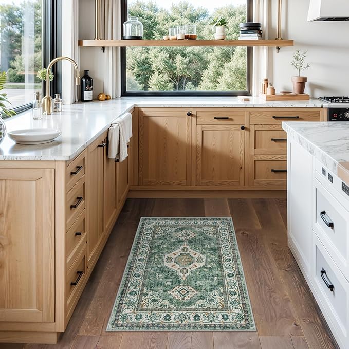 Lahome Oriental Small Rugs for Entryway, 2x3 Rug Non Slip Washable Door Mat Indoor Entrance Ultra-Thin Vintage Soft Carpet for Kitchen Bedroom Front Door Bathroom, Green/Multi