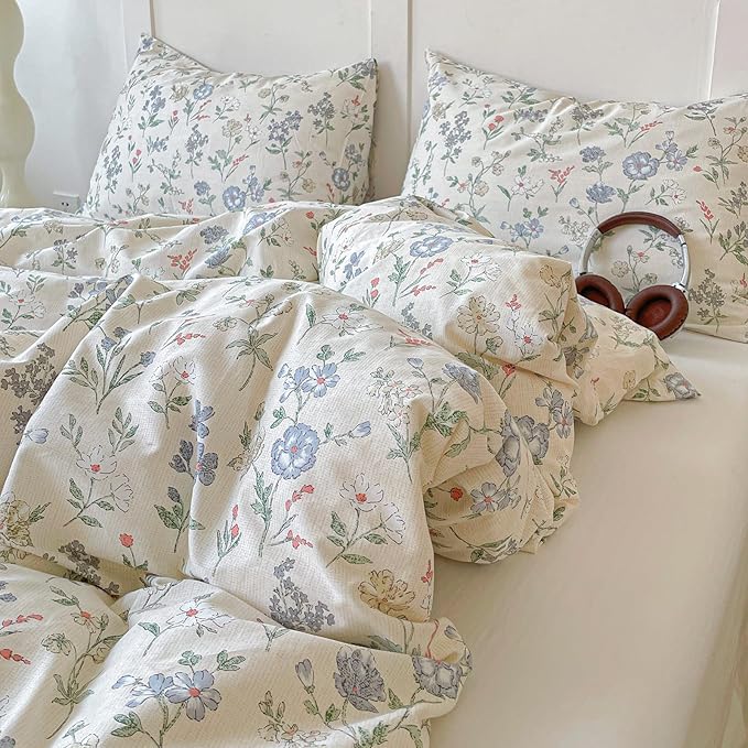 EAVD Vintage Style Floral Duvet Cover Queen Soft 100% Cotton Chic Shabby Garden Floral Bedding Set with 2 Pillowcases Fresh Cottagecore Botanical Comforter Cover with Zipper Closure