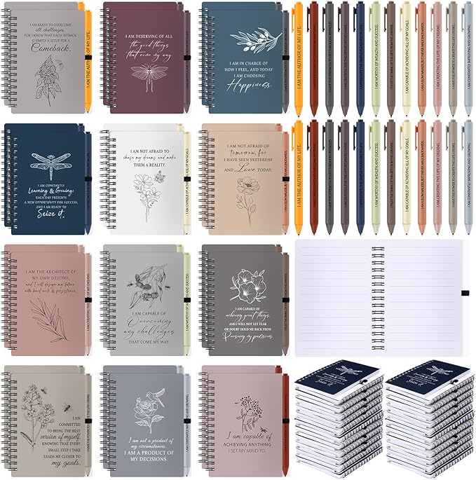 Kosiz 48 Pcs/24 Set Positive Affirmation Gifts Gratitude Spiral Notebooks with Pens Motivational Encouragement Notepads Daily Affirmations Journal for Women Valentine Galentine Gifts (Simple)