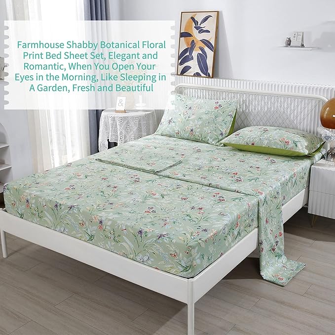 RYNGHIPY Shabby Flowers Print Bed Sheet Collections Egyptian Cotton Garden Floral Sheets (Green Floral,King Size)
