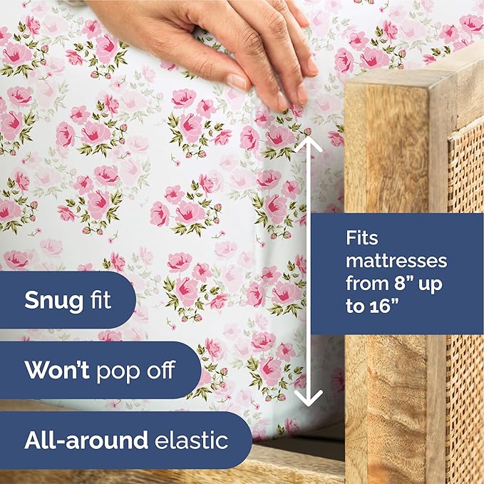 Floral Sheets - Pink Floral Bed Sheet Set - 1 Flat, 1 Fitted & 2 Pillowcases w/ Deep Pockets - Comfy, Wrinkle & Fade Free - Boho Botanical Bedding - Ultra-Soft, Breathable & Cooling - Queen Size Set