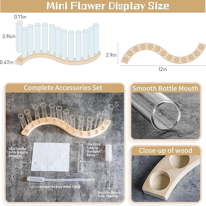 Test Tube Vases for Flowers，Small Plant Propagation Station，S Shape Plant Terrarium with Wooden Stand(Light Wood)
