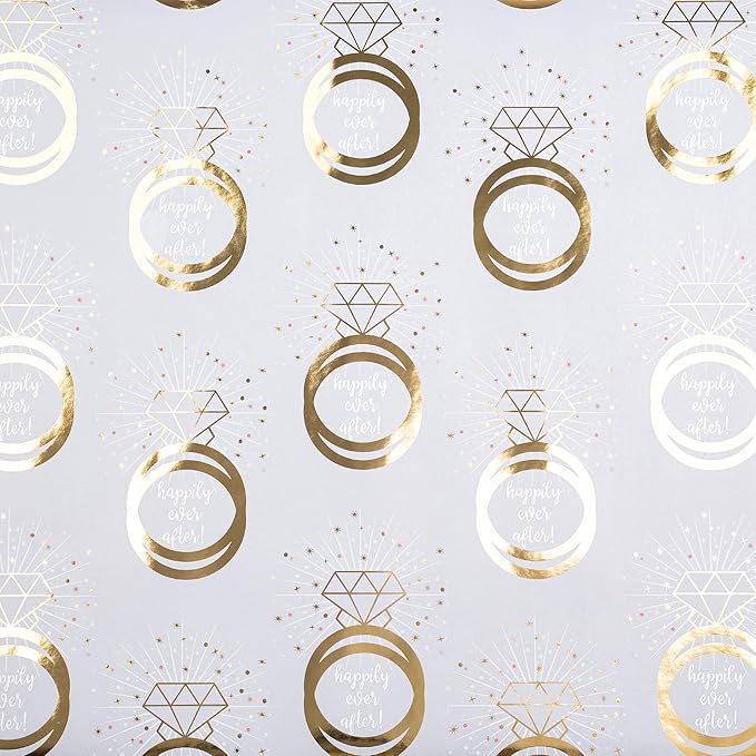 RUSPEPA Wedding Wrapping Paper Roll, Mini Roll, Gold Rings, Diamond Sparkle Design, Happy Ever After Elegant Gift Wrap for Bridal Shower, Wedding, Bachelorette Party, Engagement, 17 Inches x 16.4 Feet