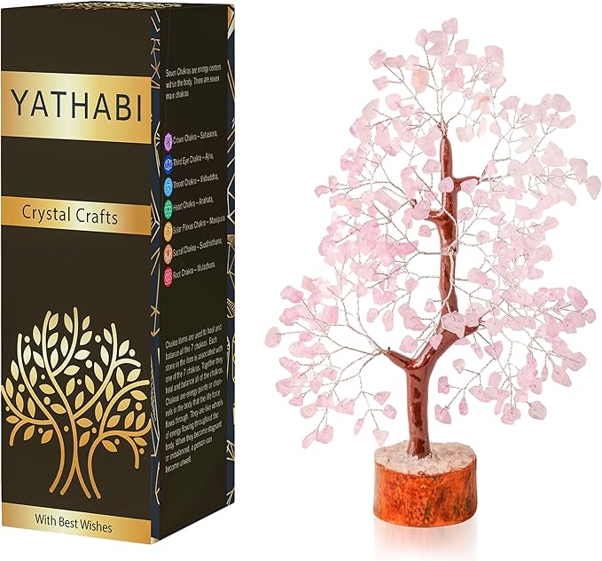YATHABI Rose Quartz Tree - Pink Crystal Desk Decor - Feng Shui Gemstone Bonsai - Spiritual Gift for Positive Energy