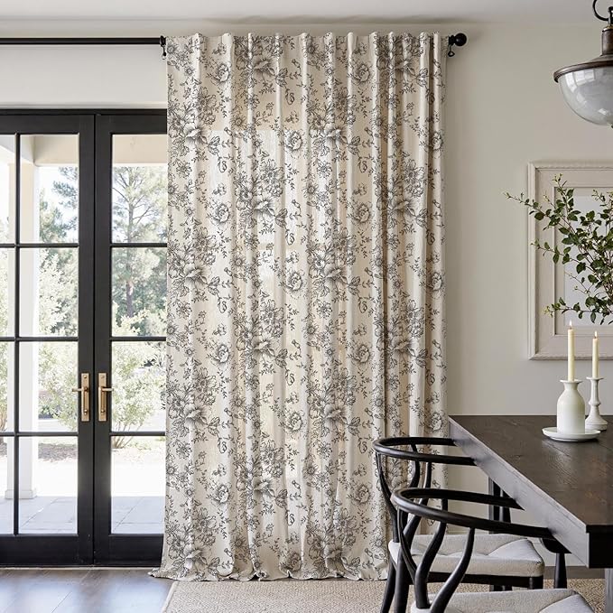 jinchan Linen Floral Curtains 100 Inch Extra Wide for Patio Sliding Glass Door Room Divider Curtain for Living Room 108 Inch Length Farmhouse Peony Black Printed Curtain Set 1 Panel