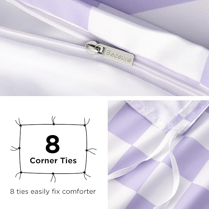 Bedsure Duvet Cover Twin Size - Reversible Checkered Duvet Cover Set with Zipper Closure, 2 Pieces Purple Bedding Set with 8 Corner Ties and 1 Pillow Sham 20"x26"