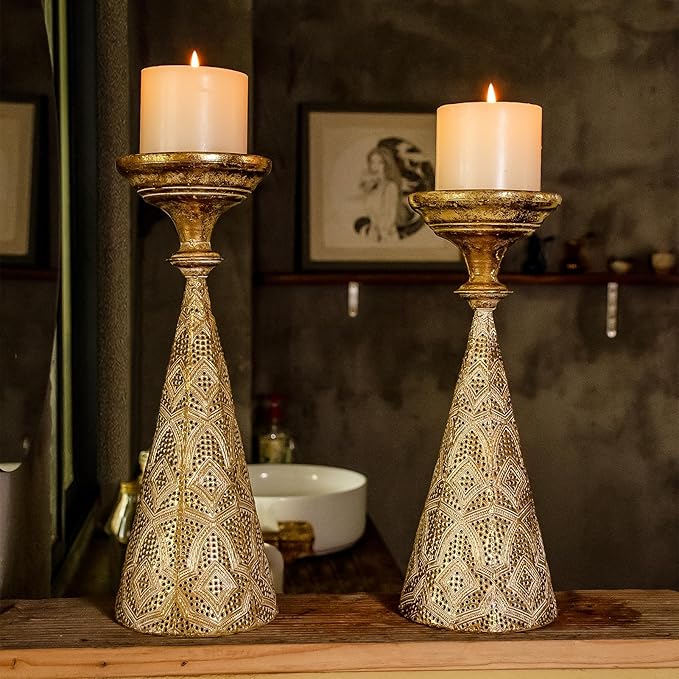Farmhouse Gold Candle Holders for Pillar Candles, Metal Distressed Set of 2 Retro Flower Design Pillar Candle Stand Dual Use, Can be Vase Table Centerpiece Decor for Fireplace, Living, and Dining Room