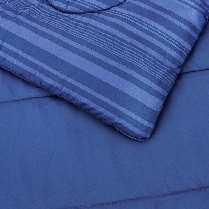 Amazon Basics Twin/Twin XL Comforter Set with Sheets, 5-Piece Blue Calvin Striped Bedding, Lightweight Microfiber Bed-in-a-Bag