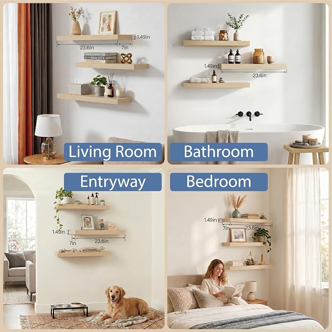 Floating Shelves for Wall, Bathroom Shelves Over Toilet, Wall Shelves & Book Shelf for Room, Hanging Shelf, Modern Wooden Mounted Floating Shelves, 24x7x1.5 in (Oak, Set of 3)