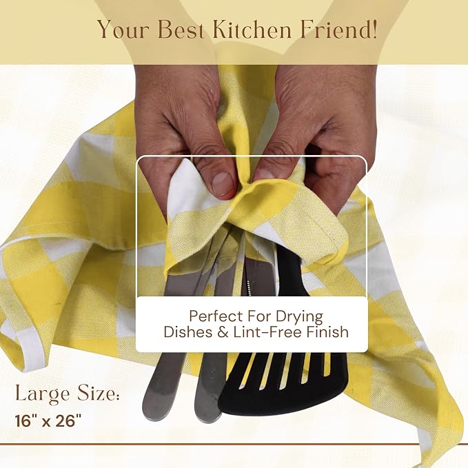Buffalo Check Kitchen Towels, 16x26 Inches, 4 Pack Plaid Tea Towels, Reusable Cotton Dish Cloths, Quick Drying, Absorbent Towel for Cooking, Drying Dishes, Lemon Yellow and White