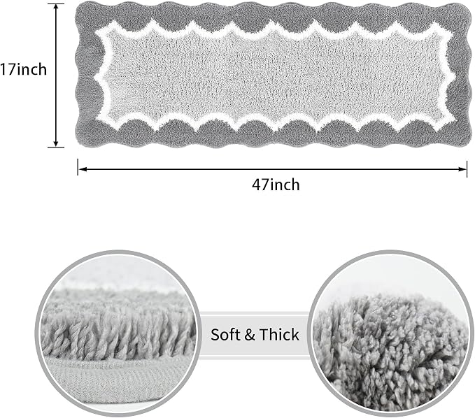 Scalloped Grey Bathroom Rugs Mat,Non Slip Absorbent Quick Dry Bath Mats for Shower Room,Plush Microfiber Bath Rug for Bathroom Floor Washable Carpet for Shower Tub Sink Bedroom,17"x47"