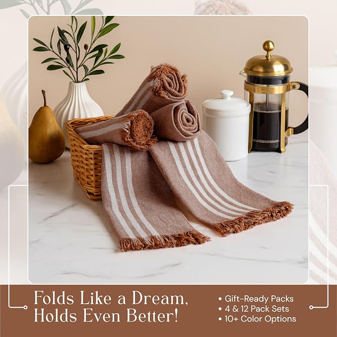 Prewashed Striped Dish Towels 4 Pack, 16x26 Inches, Quick Dry Towels for Kitchen, Durable, Reusable and Absorbent Wash Cloths Set, Washable Fabric, Heavy Duty for Daily Use - Brown