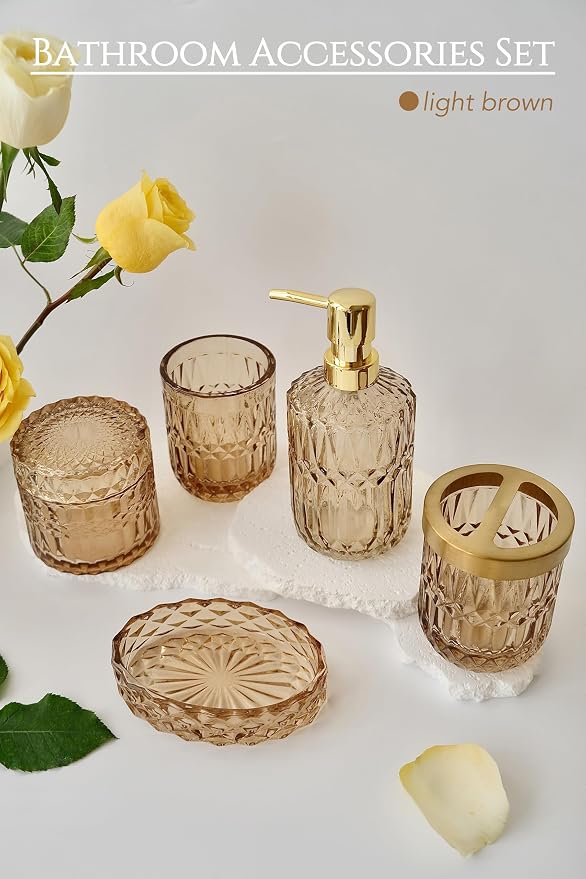 LaMarriti Brown Bathroom Accessories Set, 5Pcs Glass Bathroom Set, Soap Dispenser and Toothbrush Holder Set, Soap Dish, Qtips Holder, Tumbler for Crystal Vintage Bathroom Decor