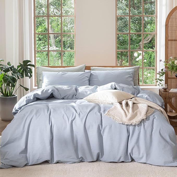 MooMee Bedding Duvet Cover Set 100% Washed Cotton Linen Like Textured Breathable Durable Soft Comfy (Heathered Cornflower Blue, Super King Plus 120"x120")