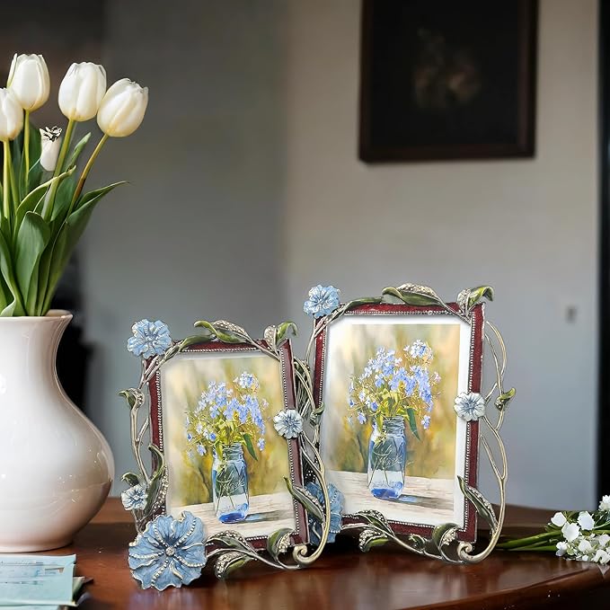 Vintage Floral Picture Frames Luxury Unique Ornate Antique Metal Photo Frame of HD Glass for Tabletop/Wall Display Gifts for Women (Blue Flowers, 5X7)