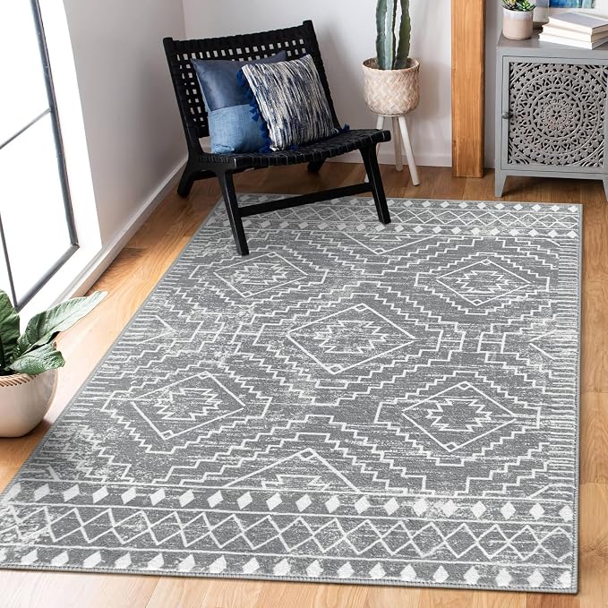 Wonnitar Moroccan Washable Rugs 4x6, Non-Slip Gray Living Room Area Rug, Boho Soft Large Rugs for Bedroom, Geometric Non-Shedding Thin Floor Carpet for Entry Kitchen Mud Room (Silver Grey,4'x6')