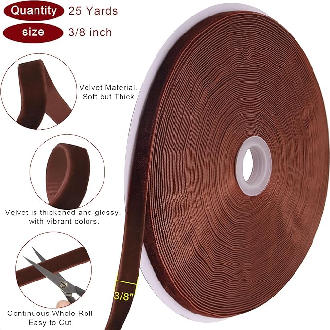 25 Yards Brown Velvet Ribbon for Christmas Tree,3/8 Inch Velvet Christmas Ribbon for Gift Wrapping Crafts Bow Wreath Holiday Decorations (Brown)