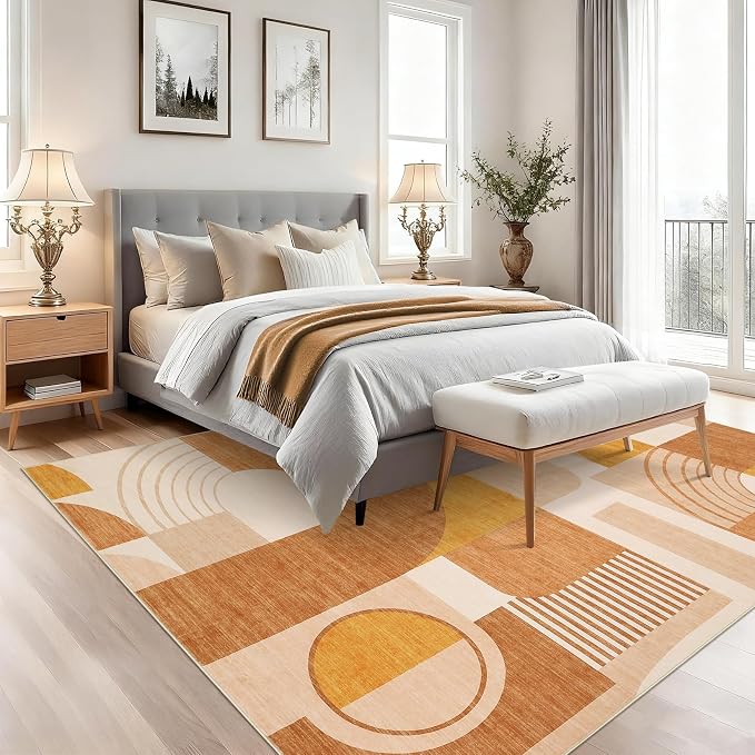 CAROMIO 9x12 Area Rug for Living Room Washable, Boho Geometric Large Bedroom Rugs Soft Low Pile Non-Slip Indoor Rugs for Playroom Dining Room Dorm Girls, Orange Multi, 9'x12'