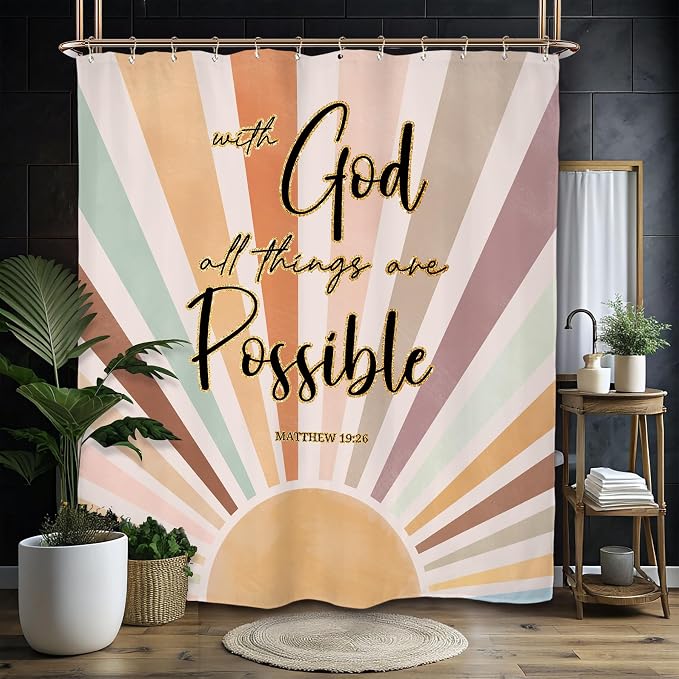 Miyotaa Pastel Sun Rainbow Shower Curtain Set 60Wx71H Inches Bible Inspirational Motivational Retro Minimalist Abstract Colorful Aesthetic Polyester Waterproof Bathroom Curtain with 12 Hooks