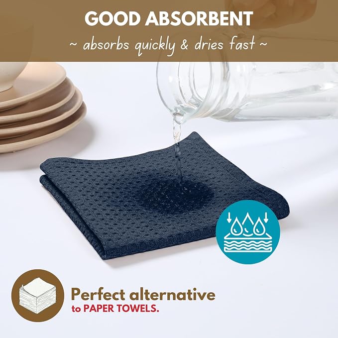 Native Fab 12 Pack Waffle Dish Cloths - 100% Cotton, Absorbent, Quick Drying, Reusable Towels for Cleaning, Cooking, Baking - Great for Home, Restaurants, Versatile Use - 12"x12" - Navy Blue