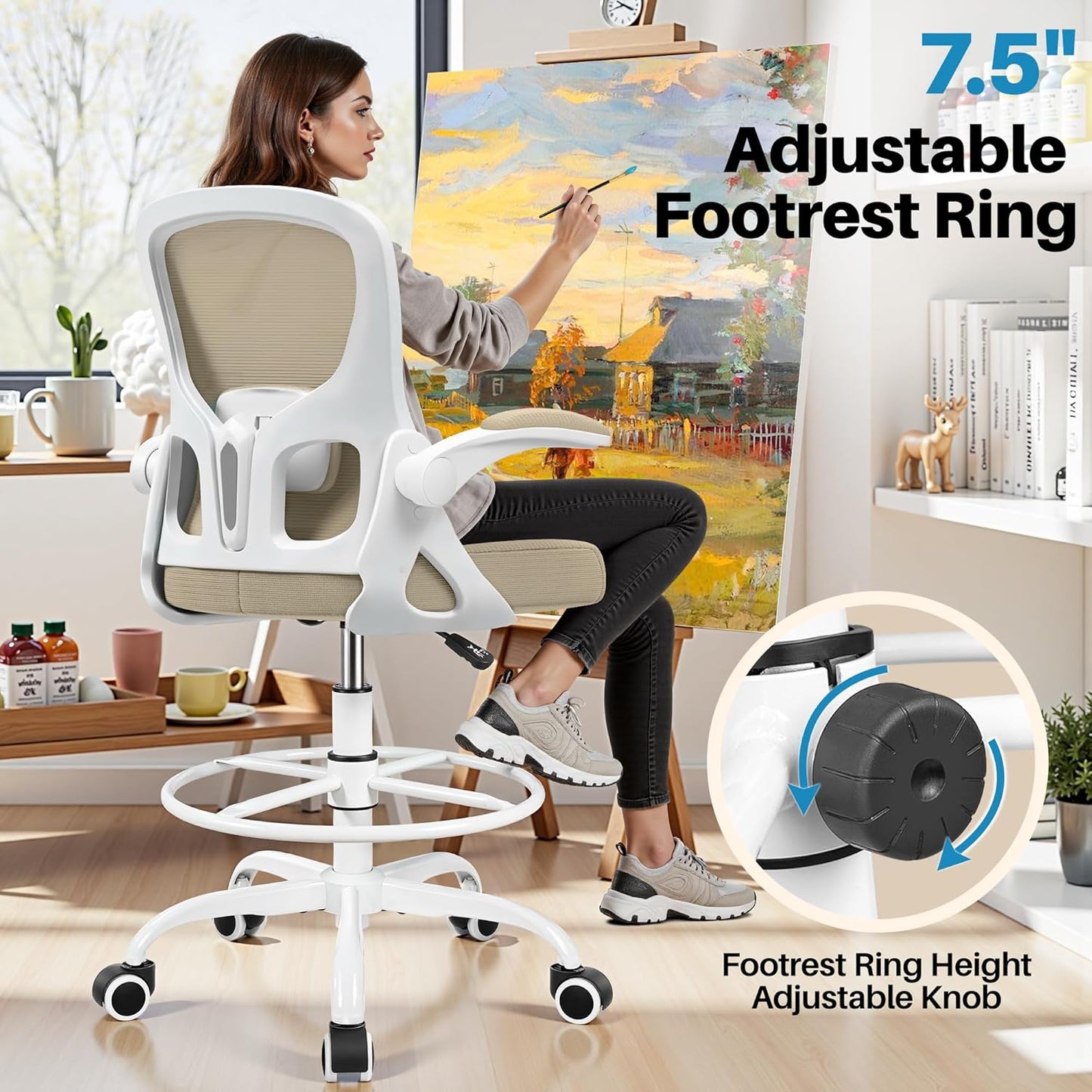 Skiennix Drafting Chair - Ergonomic Tall Office Stool with Lumbar Support & Flip-Up Arms | Khaki