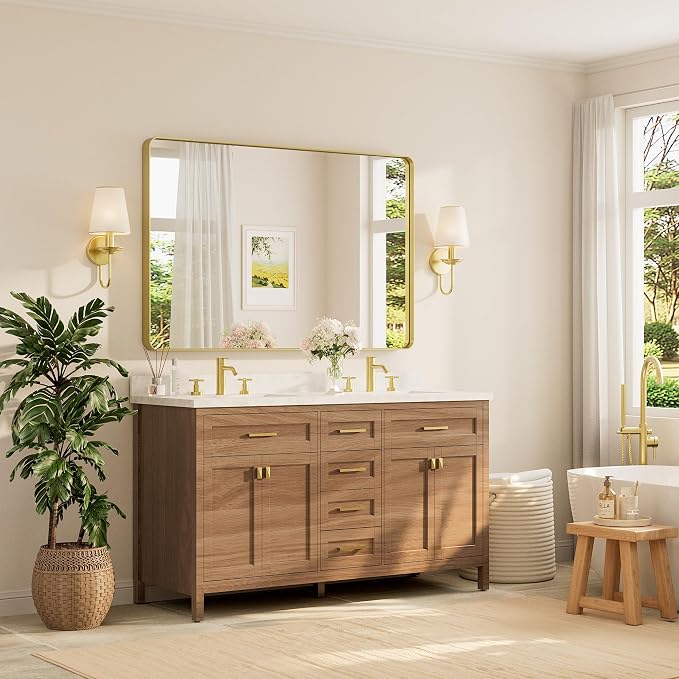 TETOTE 55 x 36 Inch Bathroom Mirror, Brushed Brass Gold Vanity Mirror, Modern Rectangle Metal Frame Decorative Wall Mirror for Entryway Shatterproof (Horizontal/Vertical)