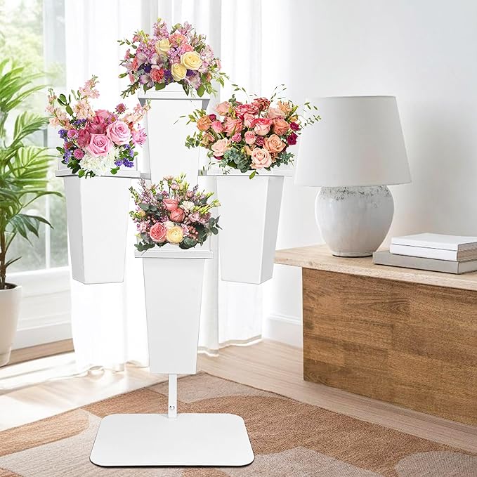 PROLEE Flower Display Stand with Buckets, Wedding Flower Cart Display Stand with Wheels,Flower Stand for Wedding Party, Events and Garden Decor (White)