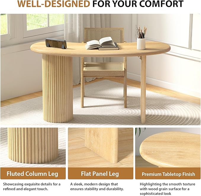 LEVNARY 54.3" Curved Small Computer Desk, Wooden Executive Desk with Sturdy Fluted Legs, Modern Luxury Corner Single Writing Vanity Desk for Bedroom Living Room Home Office (Natural)