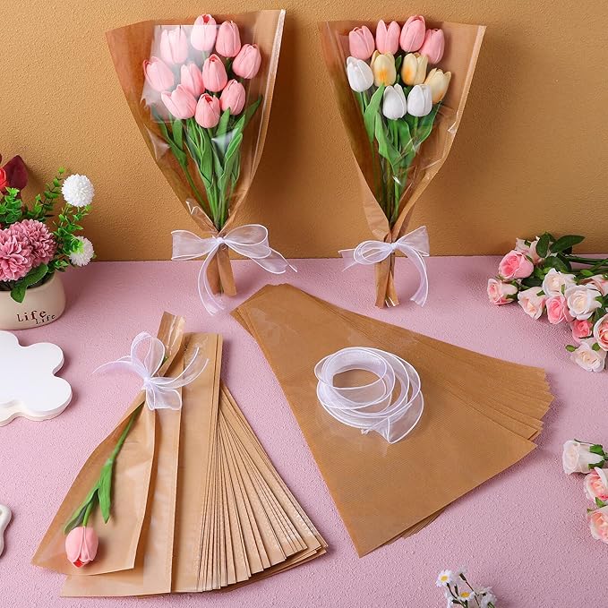 GALPADA Kraft Paper Floral Bag Floral Wrapping Paper Ribbons Sturdy Bouquet Wrapping Bags for Easy Flower Packaging