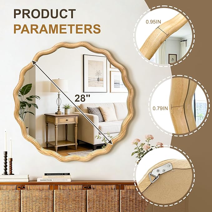 AMOISE Scalloped Round Mirror 28", Boho Wavy Wooden Frame Wall Mirror, Shatterproof Circle Accent Mirror for Bathroom, Bedroom, Entryway and Living Room