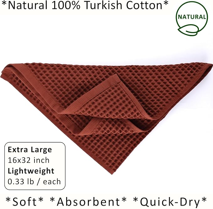 PÜSKÜL Natural 100% Turkish Cotton Waffle Kitchen Towels Set of 3 | Oeko-Tex, Premium Waffle Hand Towels for Bathroom | Soft Absorbent Quick-Dry Lint-Free Dish Towel Large 32x16 inch (3, Brick)